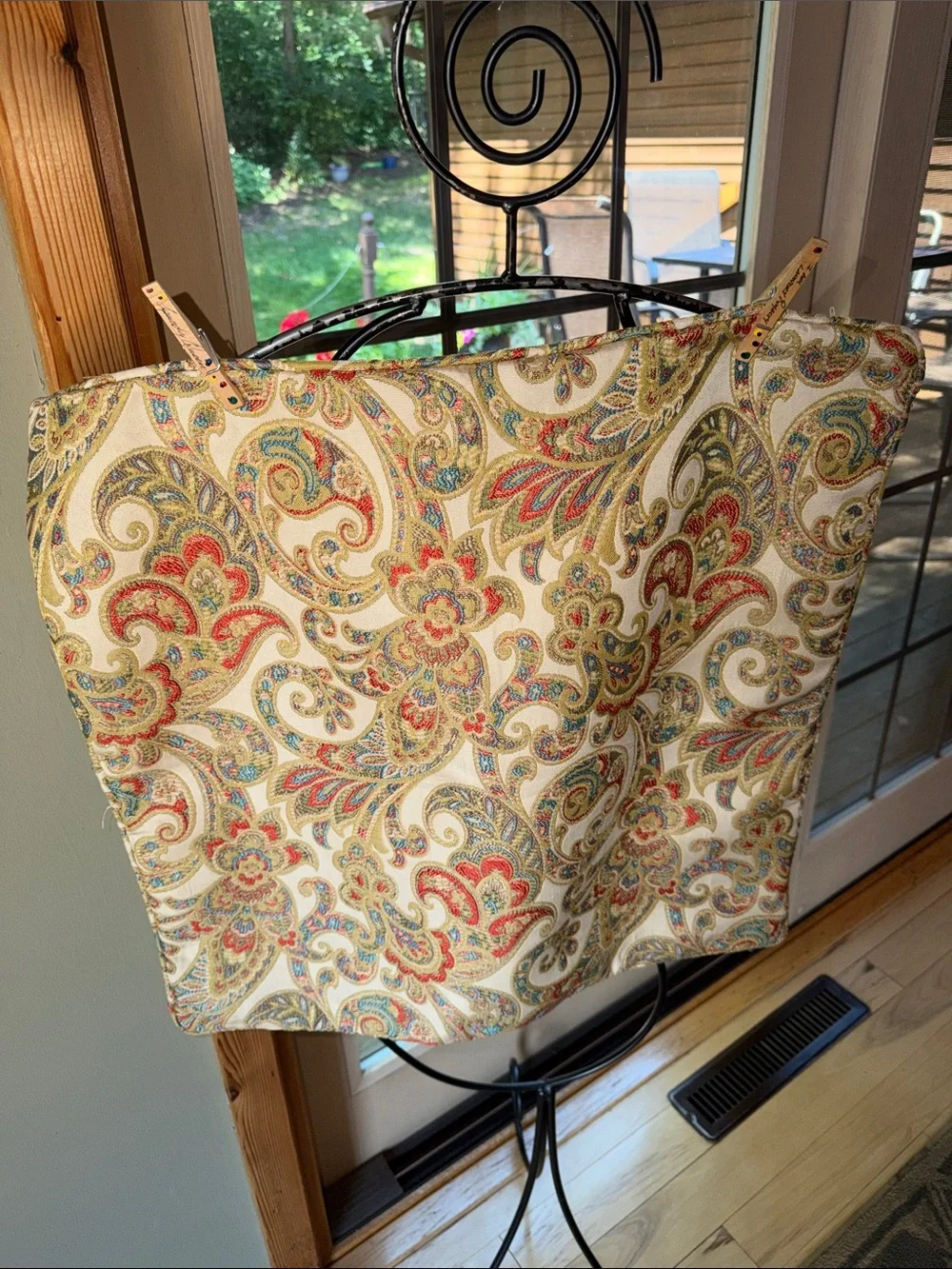 Paisley Print Fabric Pillow Cover Sham - Cream Base w Red, Green & Gold Paisley